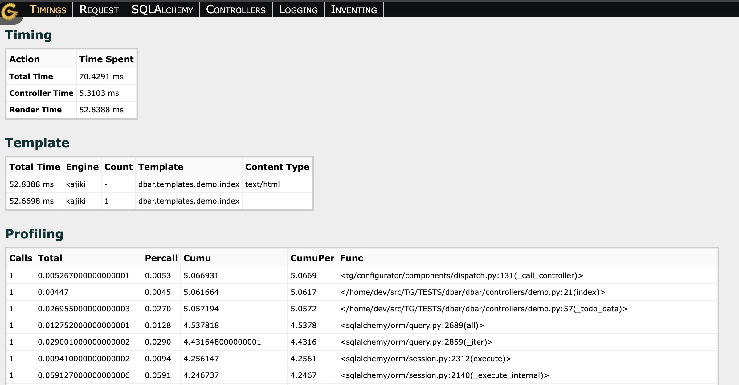 Debugbar showing profiling timings
