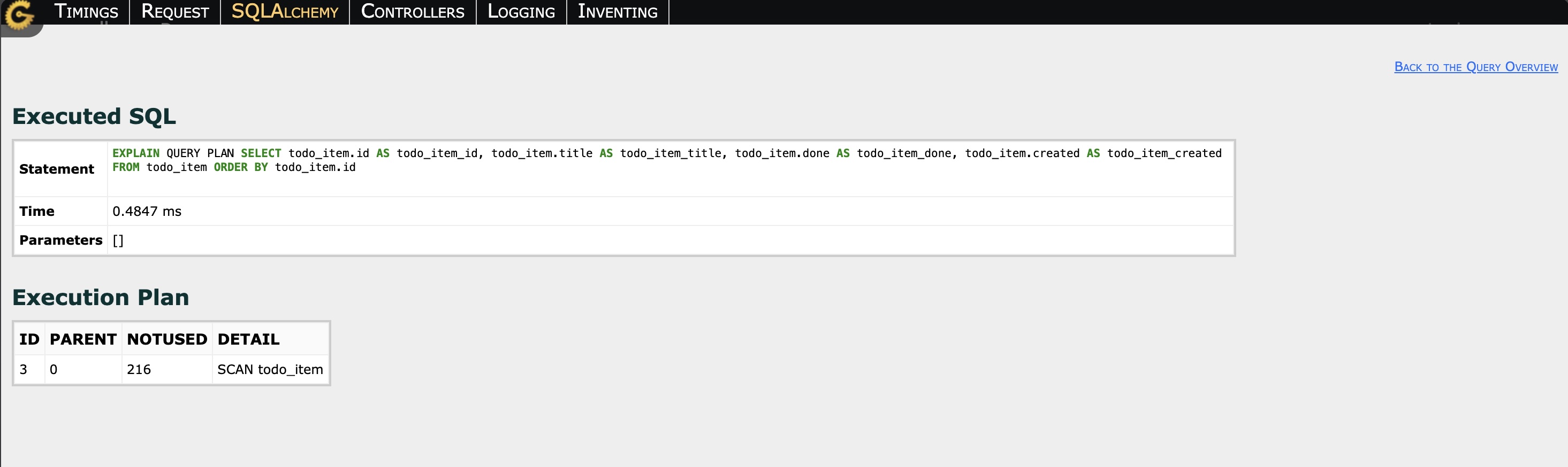 Debugbar showing SQL execution plan