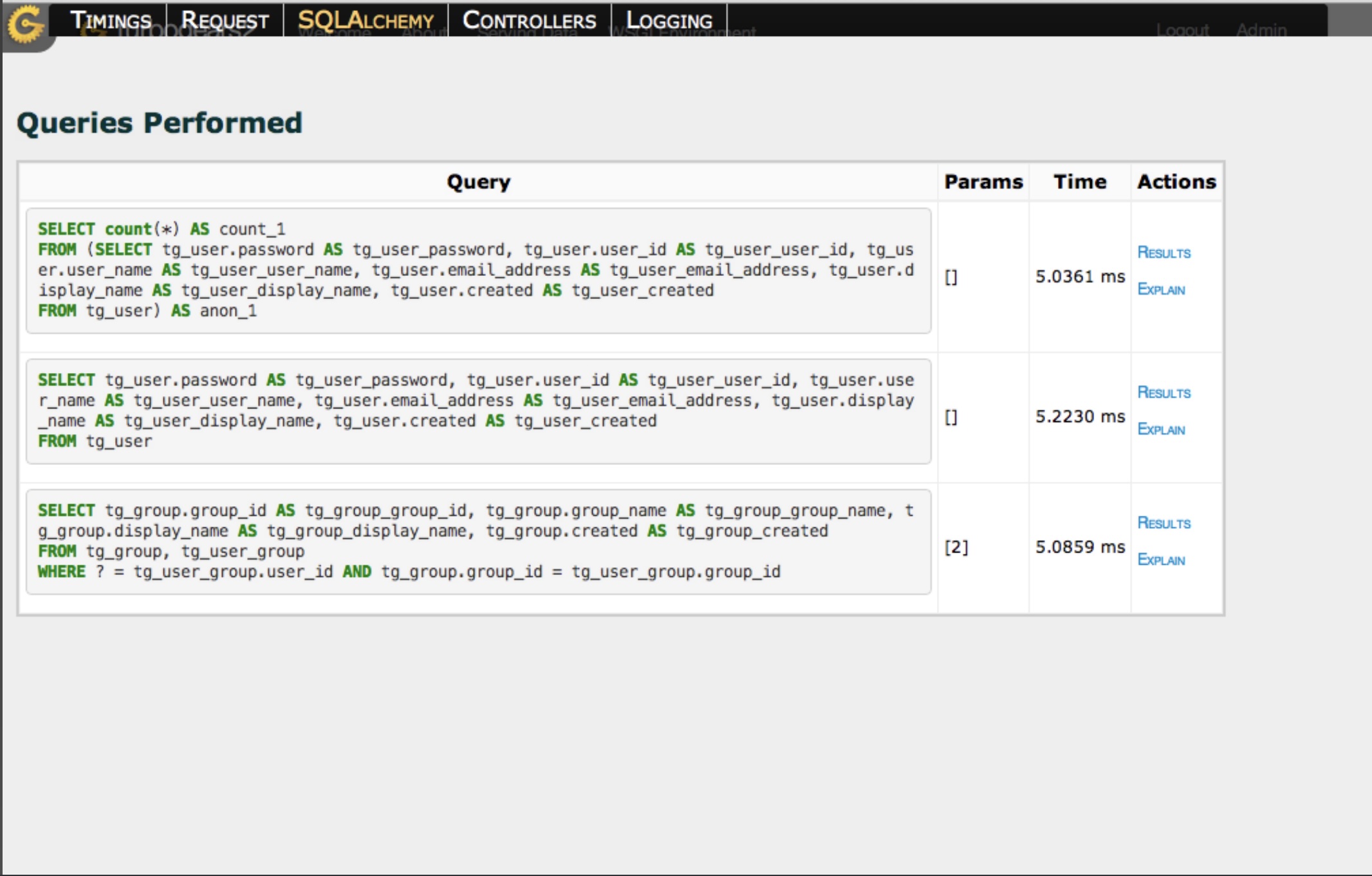 Debugbar showing SQL queries